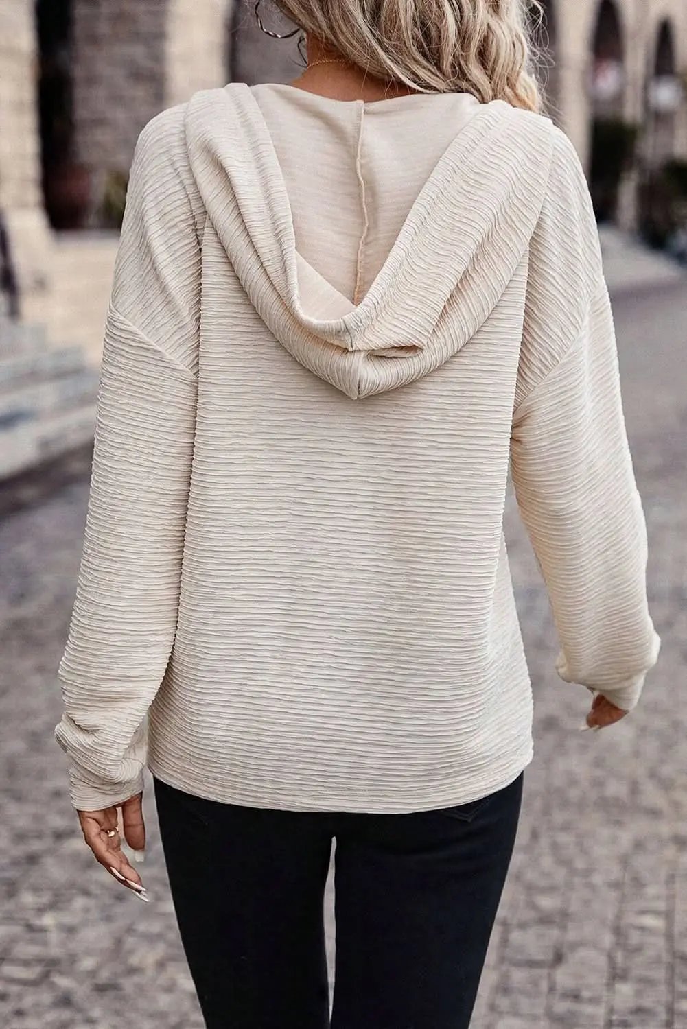 Apricot Solid Textured Drawstring Henley Hoodie - Love Salve